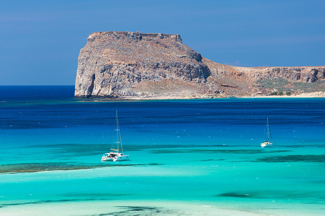 View over Gramvousa Bay to the island and fortress of Imeri Gramvousa, near Kissamos, Hania (Chania), Crete, Greek Islands, Greece, Europe