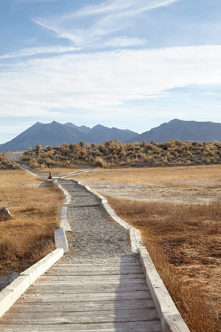 Child on a path through steppe landscape in the Eastern Sierra, California, USA