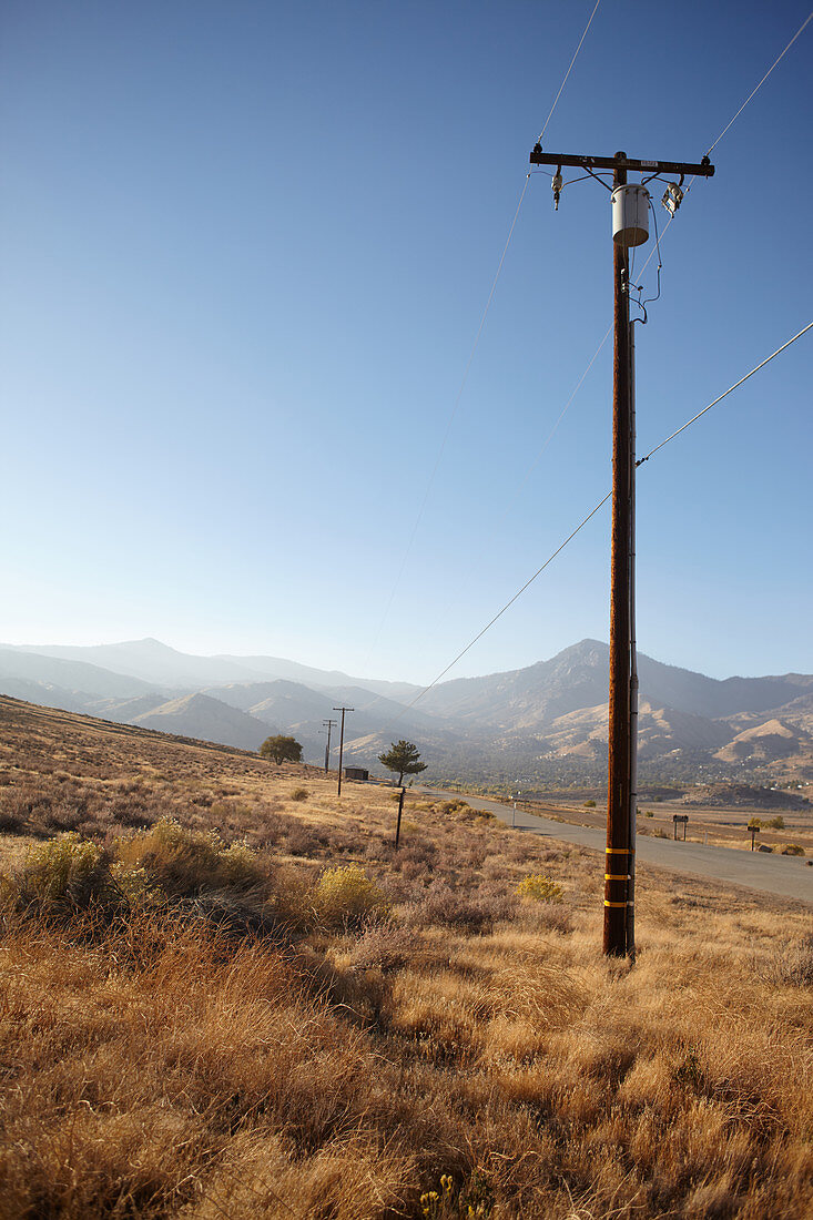 Electricity pylon on a road through reddish steppe grass. California, United States.