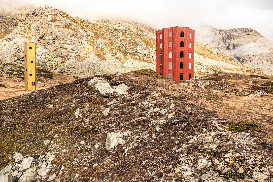 The golden and the red Origenturm in the wild nature on the Julier Pass, Graubünden, Switzerland, Europe