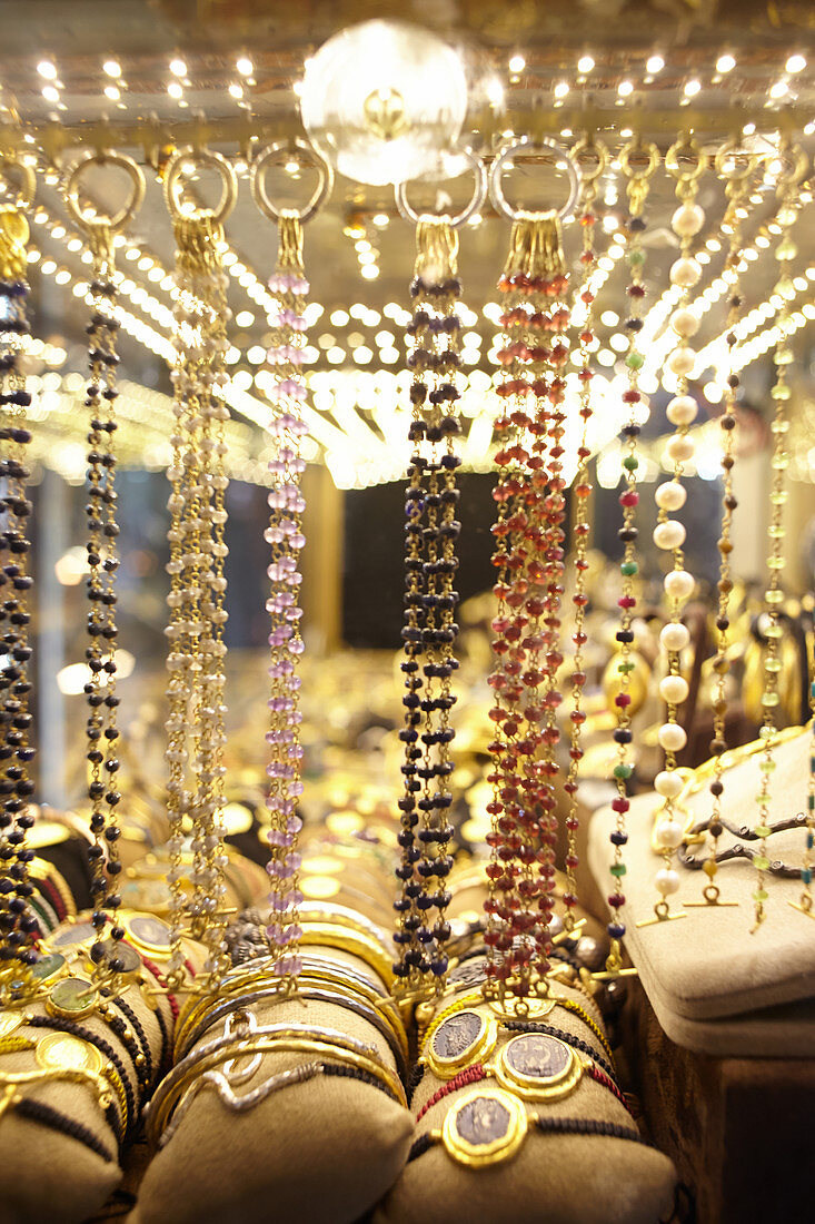 Chains and bangles in the shop window of a jewelry store in the Grand Bazaar, Capali Carsi, in Istanbul, Turkey