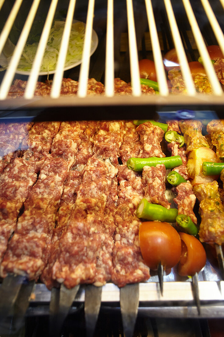 Prepared minced meat kebabs on the Grand Bazaar, Capali Carsi, in Istanbul, Turkey