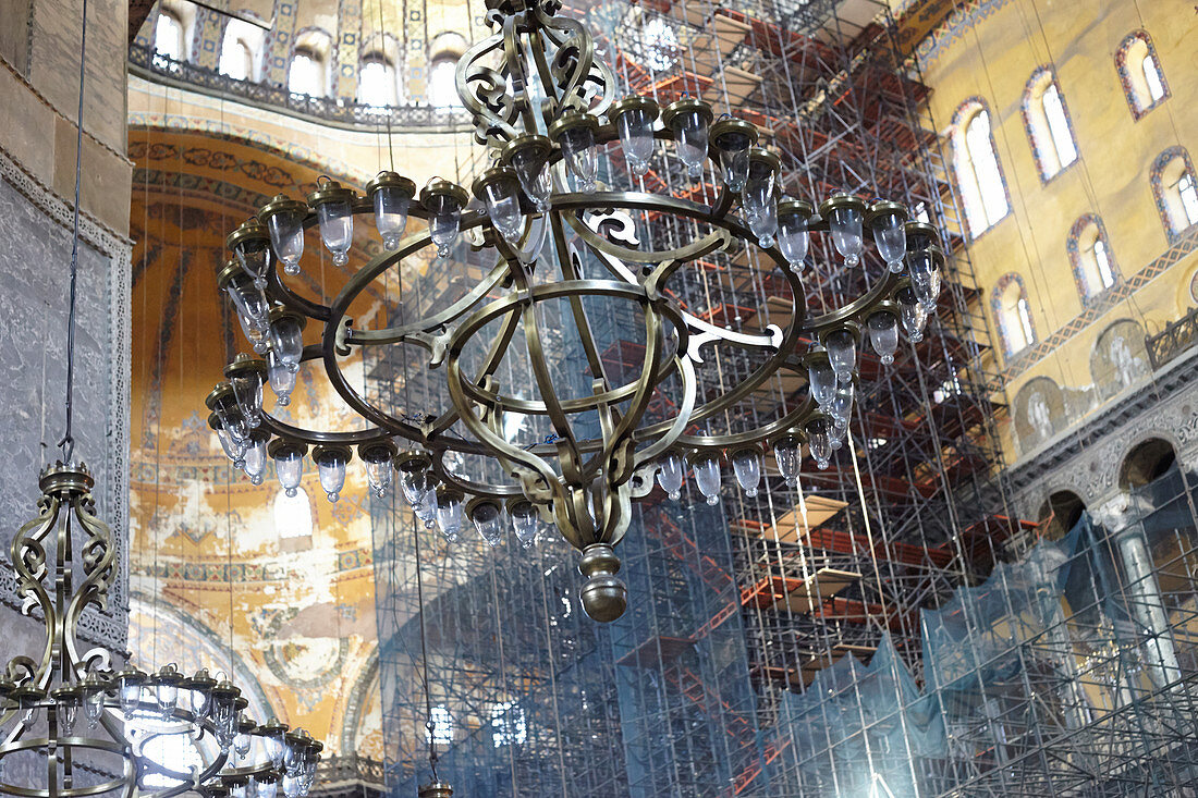 Chandelier and scaffolding in Hagia Sophia in Istanbul, Turkey