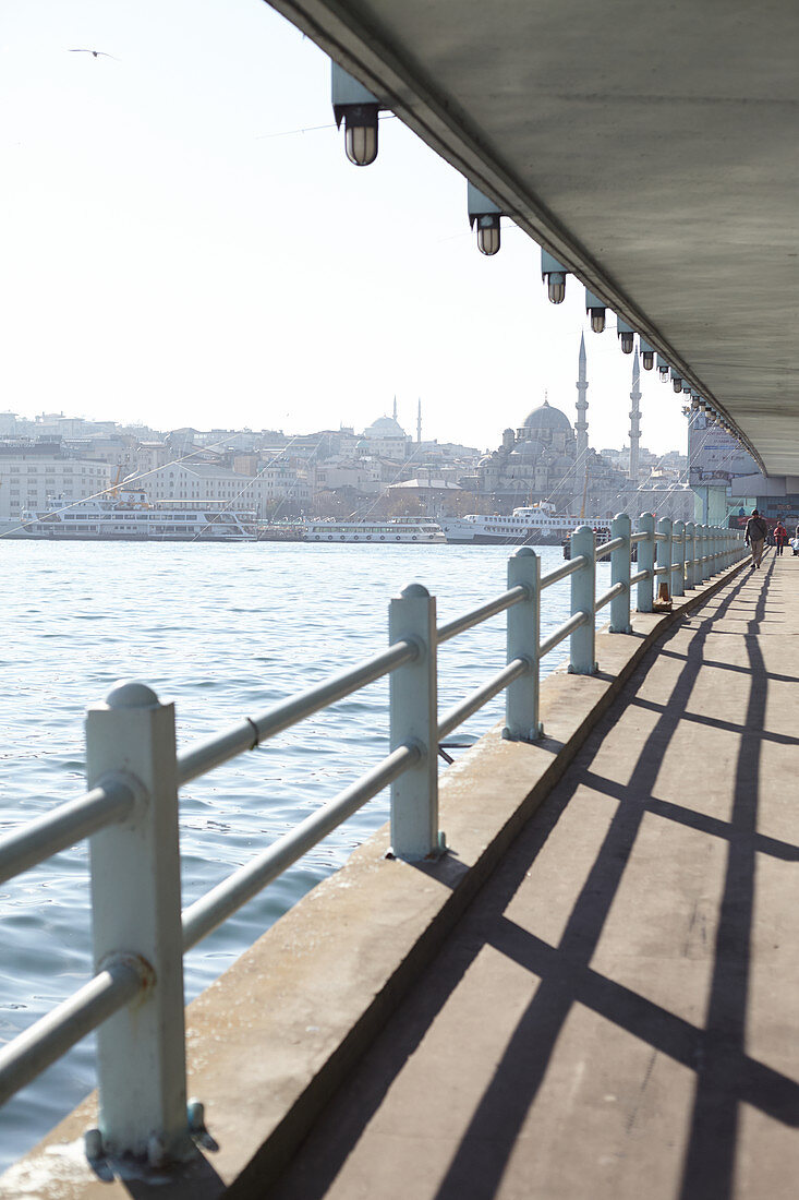 Restaurant level on the Galata Bridge in Istanbul, Turkey.