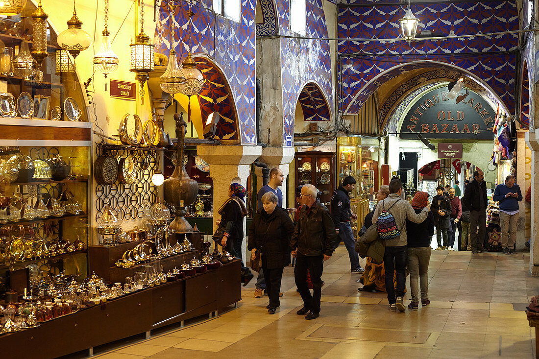 Sales street with shops in the Grand Bazaar, Capali Carsi, in Istanbul, Turkey
