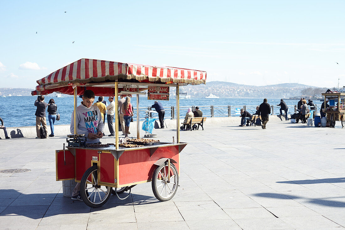 Esskastanienstand auf öffentlichen Platz am Ufer des Bosporus, Istanbul, Türkei
