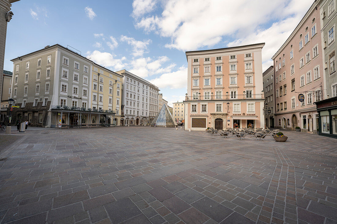 View of the empty Old Market and Cafe Tomaselli and Cafe Fuerst in Salzburg, Austria.