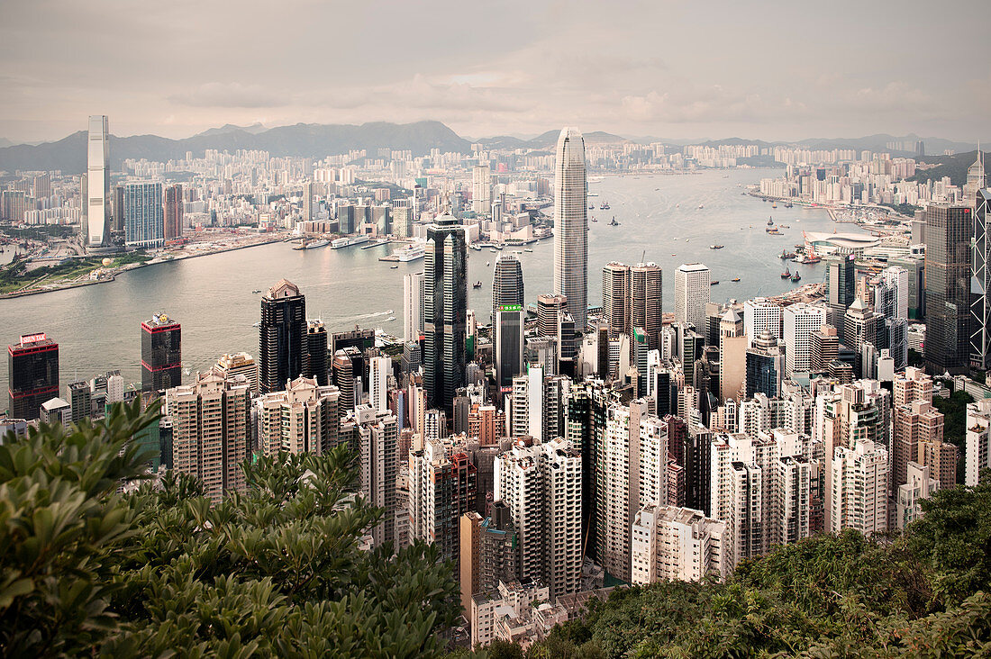 View from the peak of Hong Kong skyline and Victoria Harbor, China