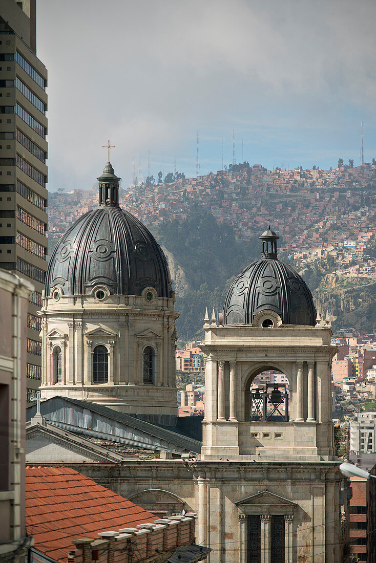 Church tower in old town of La Paz, Bolivia, Andes, South America