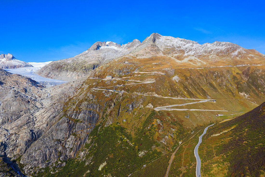 Aerial view of the Furka pass and the Rhone glacier, Canton of Valais, Switzerland