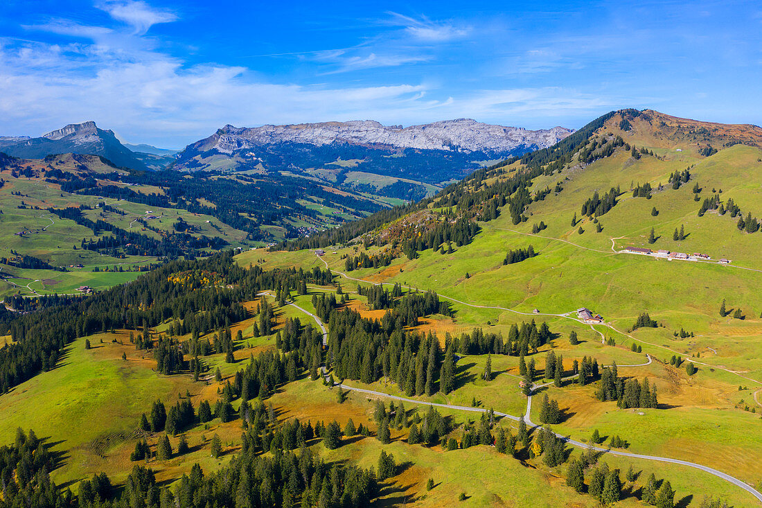Aerial view Hohgant, Canton Bern, and Schrattenfluh, Canton Lucerne, from Glaubielenpass, Canton Obwalden, Switzerland