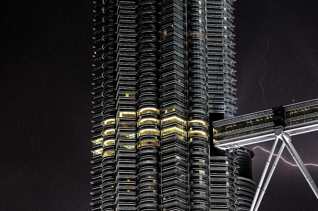 The Petronas Tower in Kuala Lumpur, Malaysia, struck by lightning during a thunderstorm