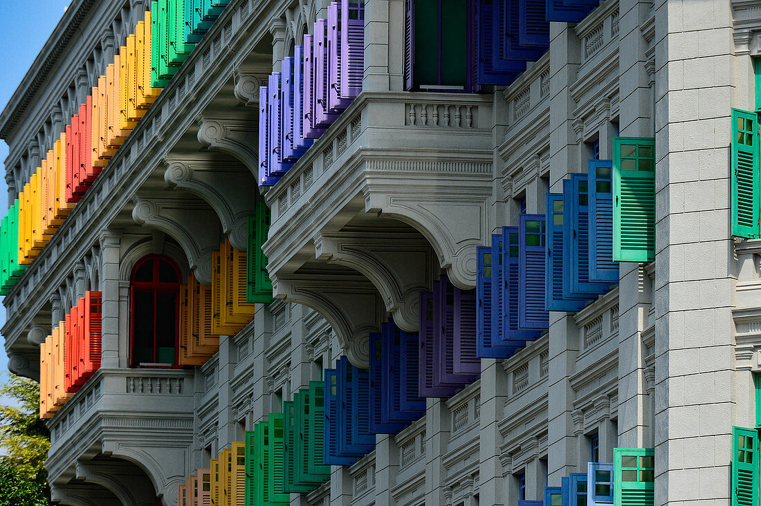 Colorful shutters on a historic home near Boat Quay, Singapore