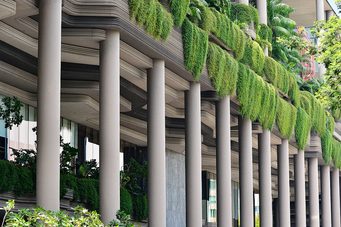 Intensiv grüne, bepflanzte Fassade eines Wolkenkratzers, Singapore
