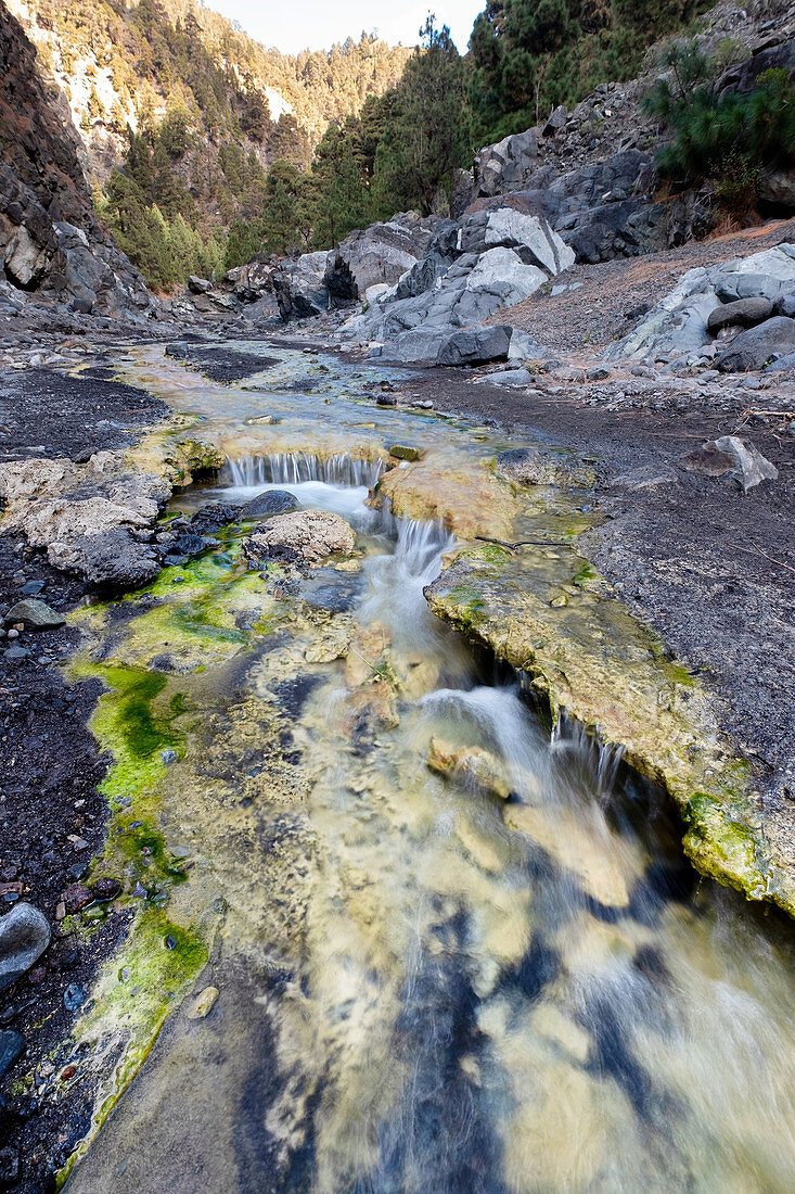Farbiger Fluss in der Schlucht der Caldera, Caldera de Taburiente, La Palma, Kanarische Inseln, Spanien, Europa
