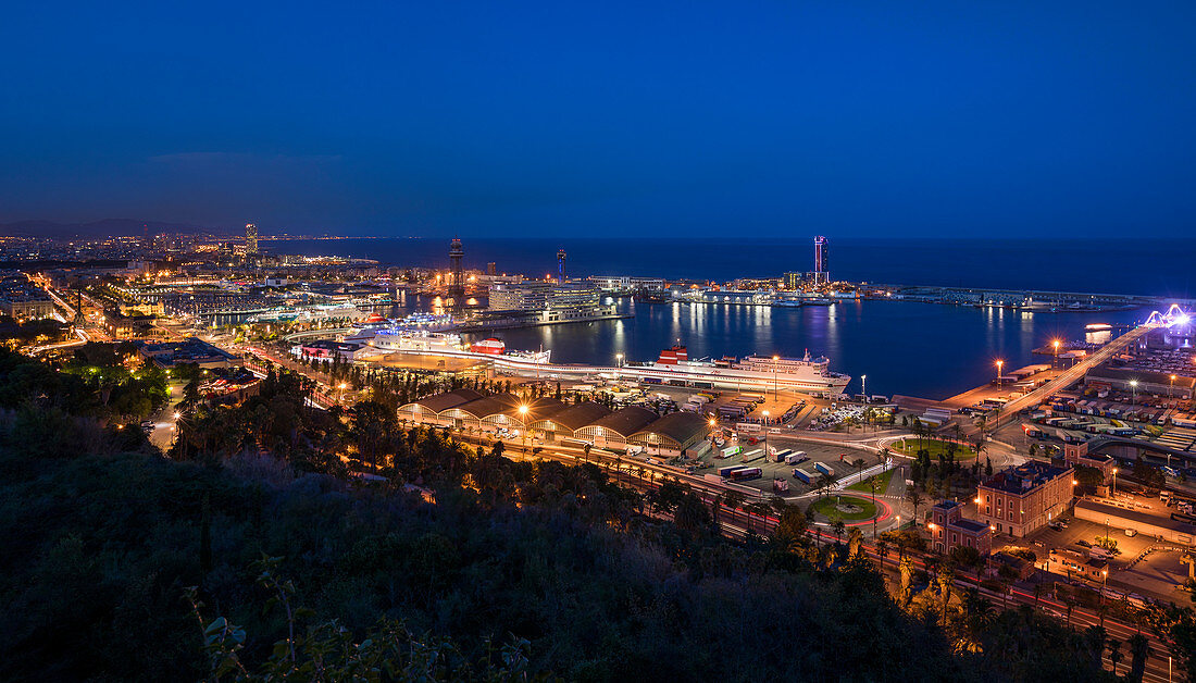 Barcelona mit Industrie-Hafen bei Nacht von Jardins del Mirador\n