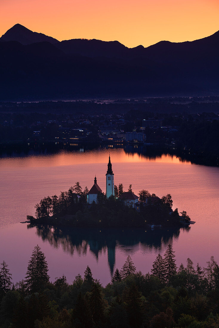 Pilgrimage Church of the Assumption on the island in Lake Bled at sunrise, Bled Slovenia