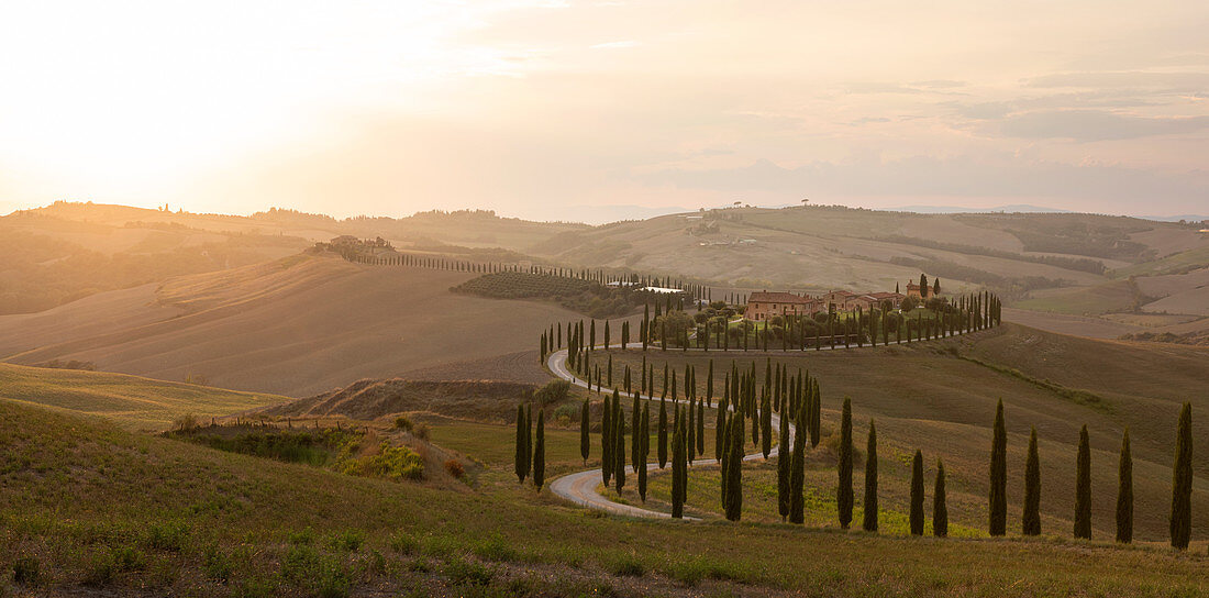 Agriturismo Baccoleno in Tuscany in autumn at sunset, Italy