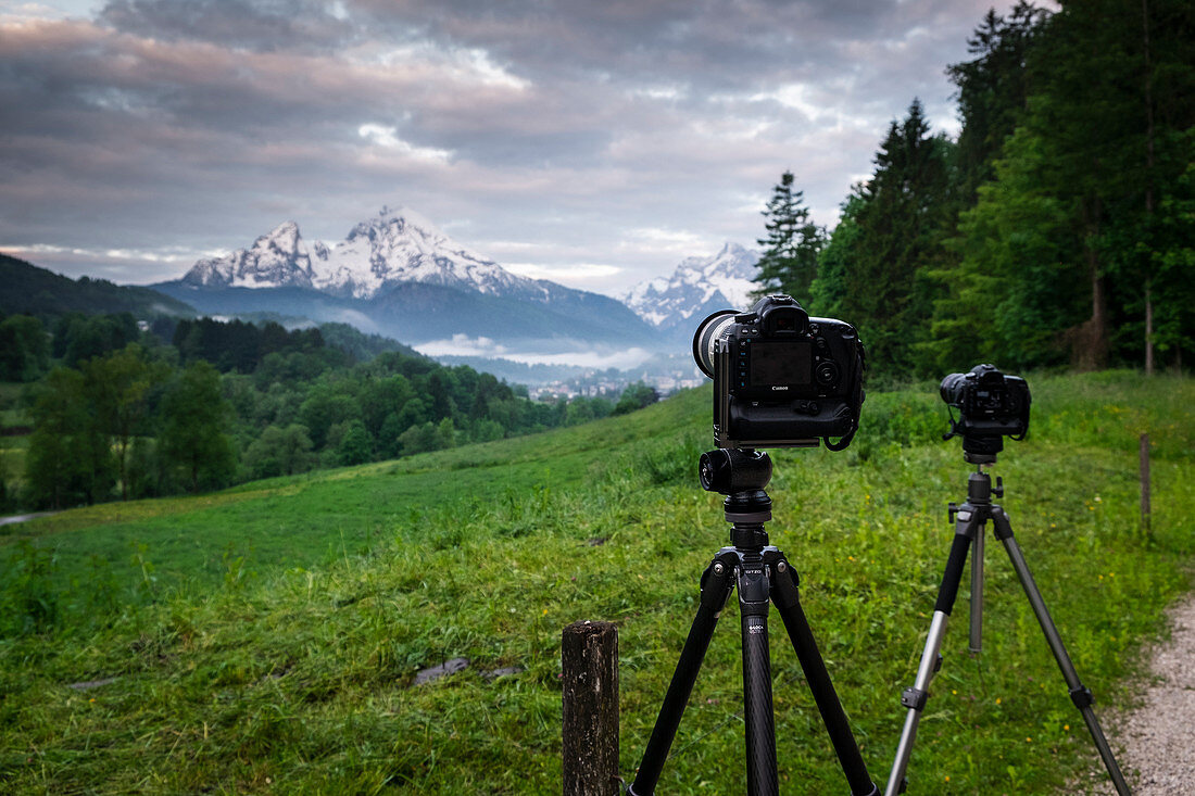 Photographing the sunrise at Watzmann in Berchtesgaden with camera on tripod, Bavaria