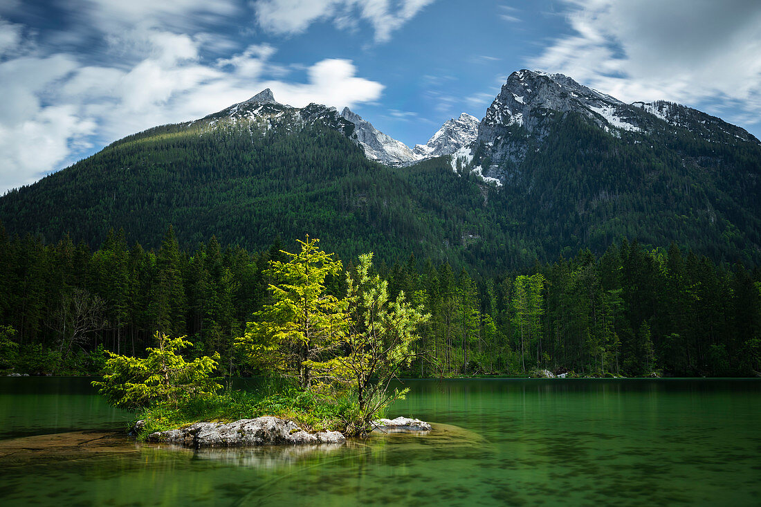 Trees on island in Hintersee with mountains in the background, Berchtesgaden Bavaria