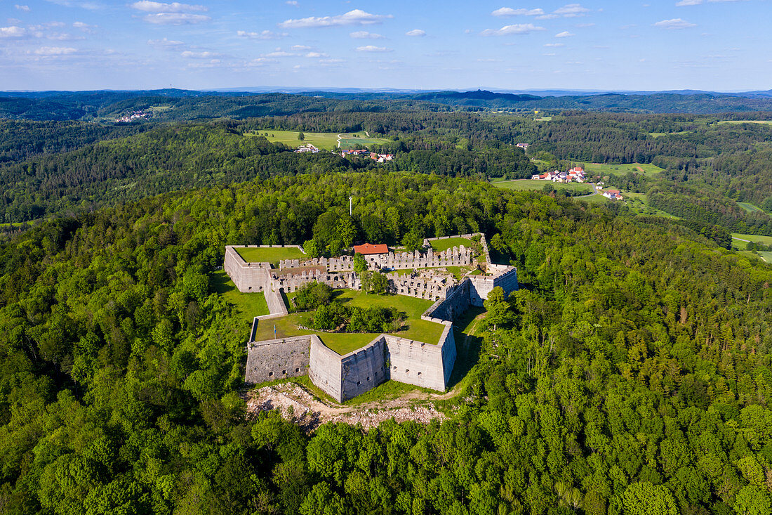 Aerial by drone of Fortress Rothenberg, Franconia, Bavaria, Germany, Europe