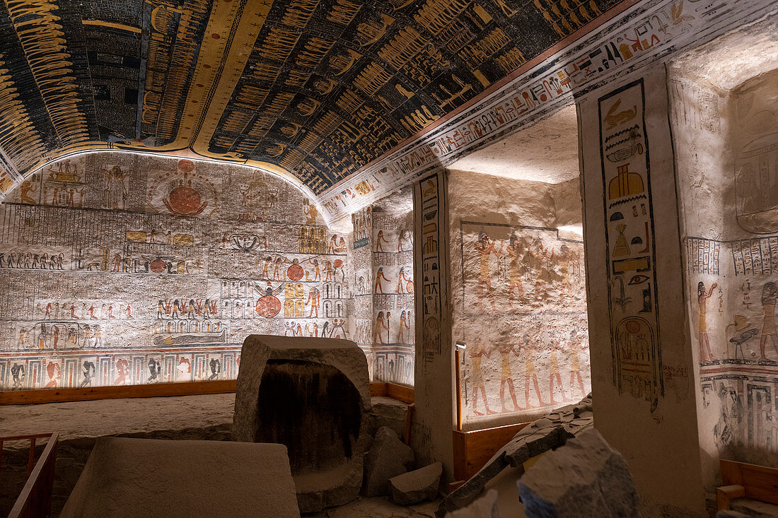 Colorful hieroglyphics and mural paintings in Egyptian Pharaoh Ramses burial chamber in tomb in The Vallery of the Kings, Thebes, UNESCO World Heritage Site, Egypt, North Africa, Africa