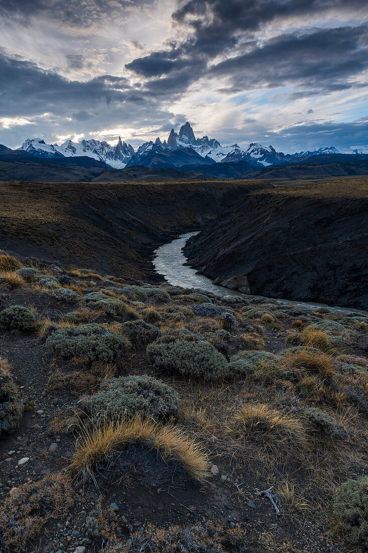 Mount Fitz Roy with Las Vueltas river, a typical Patagonia landscape, Los Glaciares National Park, UNESCO World Heritage Site, El Chalten, Patagonia, Argentina, South America