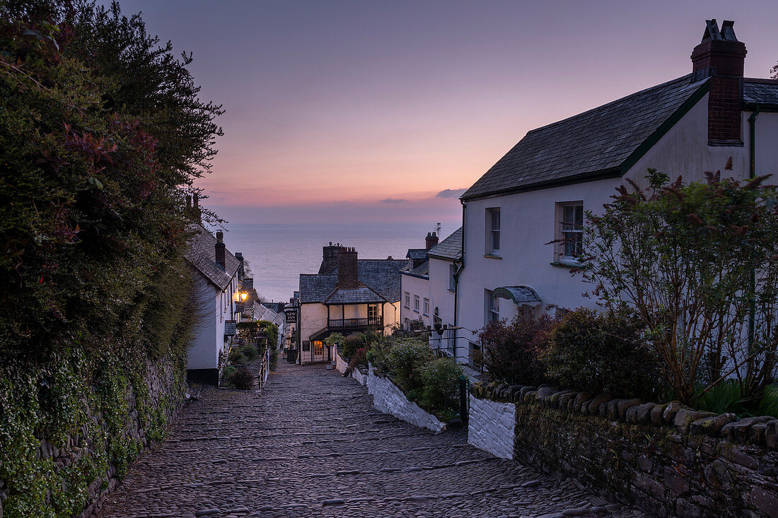 Cobbled village lane at dawn, Clovelly, Devon, England, United Kingdom, Europe