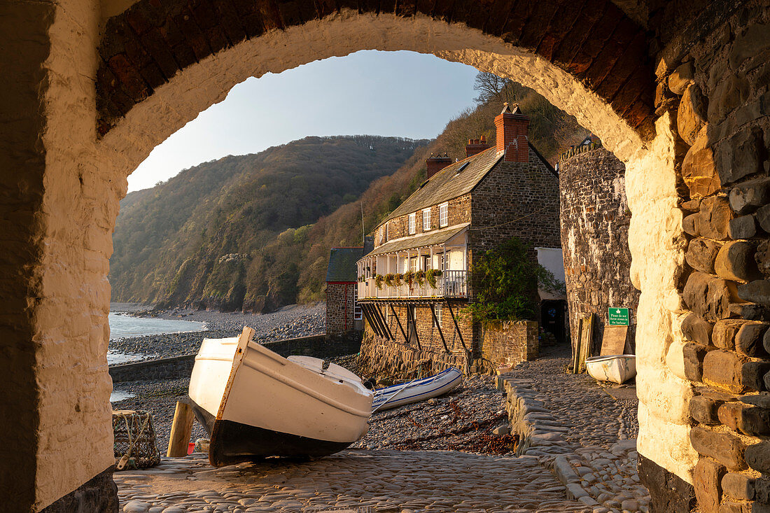 Clovelly harbour through archway, Clovelly, Devon, England, United Kingdom, Europe