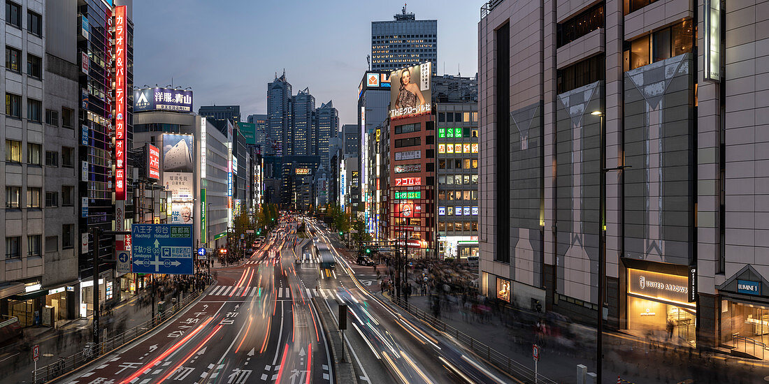 Panorama des Shinjuku-Gebiets in Tokio bei Nacht, Japan, Asien