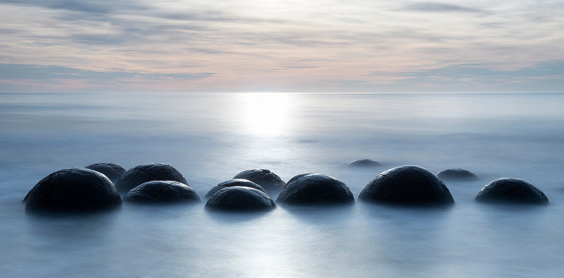 Moeraki boulders with a long exposure at Moeraki Beach, Otago, South Island, New Zealand, Pacific