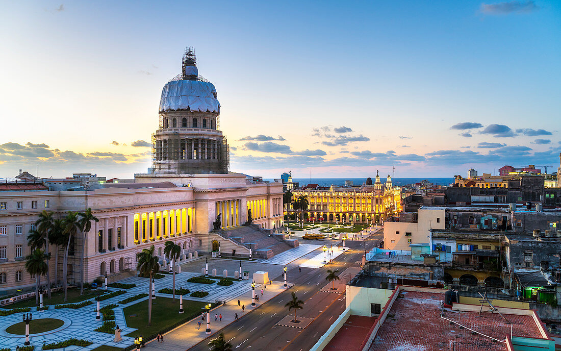 Aerial view the Gran Teatro de La Habana and El Capitolio at dusk, UNESCO World Heritage Site, Havana, Cuba, West Indies, Caribbean, Central America