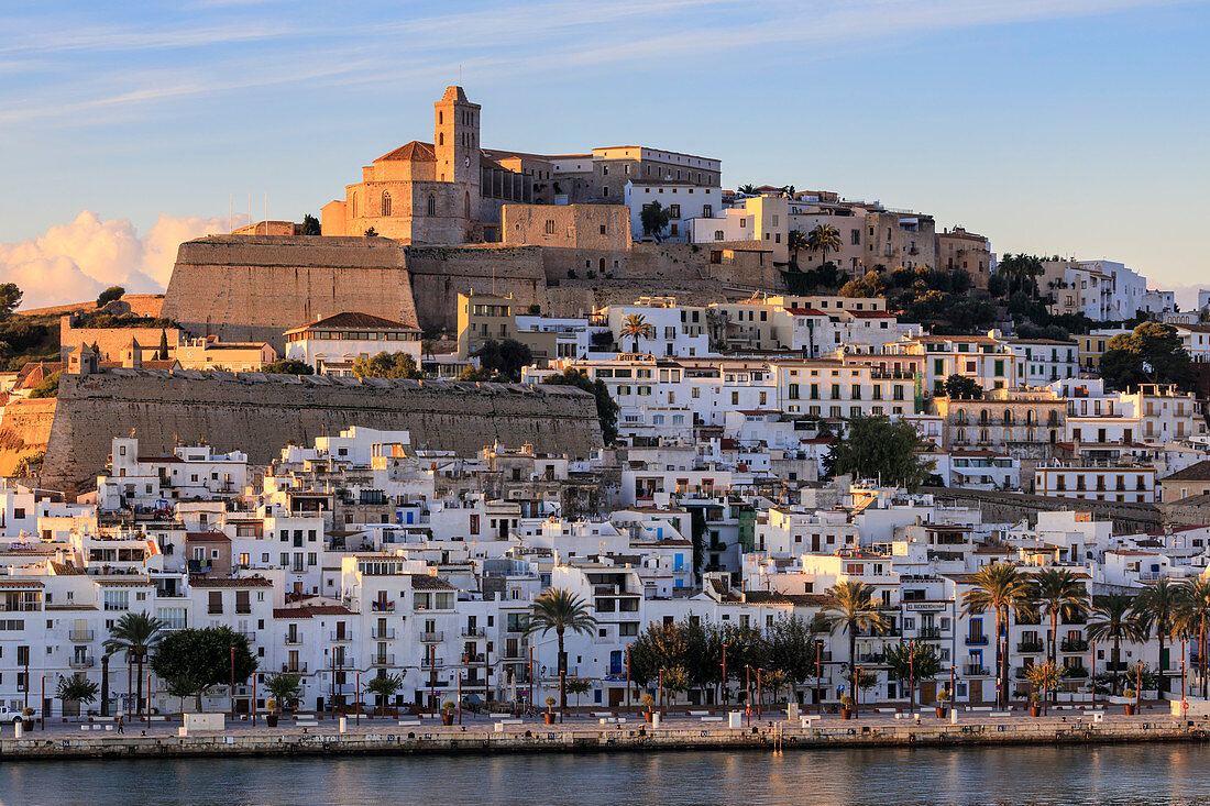 Uferpromenade und historische Altstadt mit Stadtmauer, Dalt Vila, Kathedrale, bei Sonnenaufgang, Ibiza-Stadt, Eivissa, Balearen, Spanien, Mittelmeer, Europa