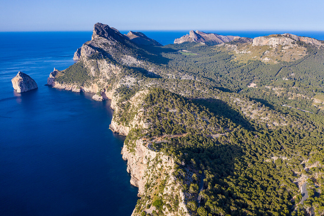 Aerial by drone of Cap Formentor Mallorca, Balearic Islands, Spain, Mediterranean, Europe