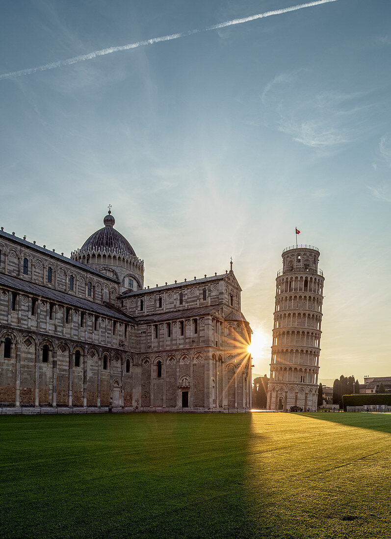 Cathedral and Leaning Tower at sunrise, Piazza dei Miracoli, UNESCO World Heritage Site, Pisa, Tuscany, Italy, Europe