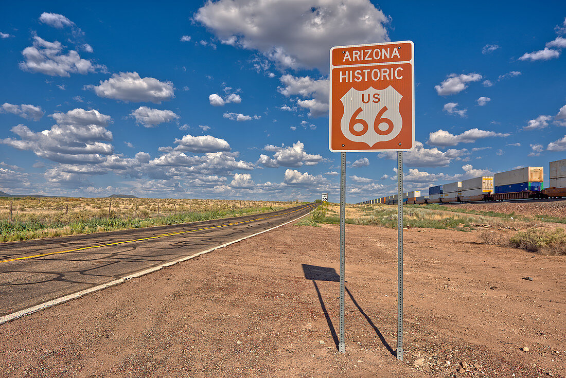Road sign marking Historic Route 66 just east of Seligman, the birthplace of the famous road, Arizona, United States of America, North America