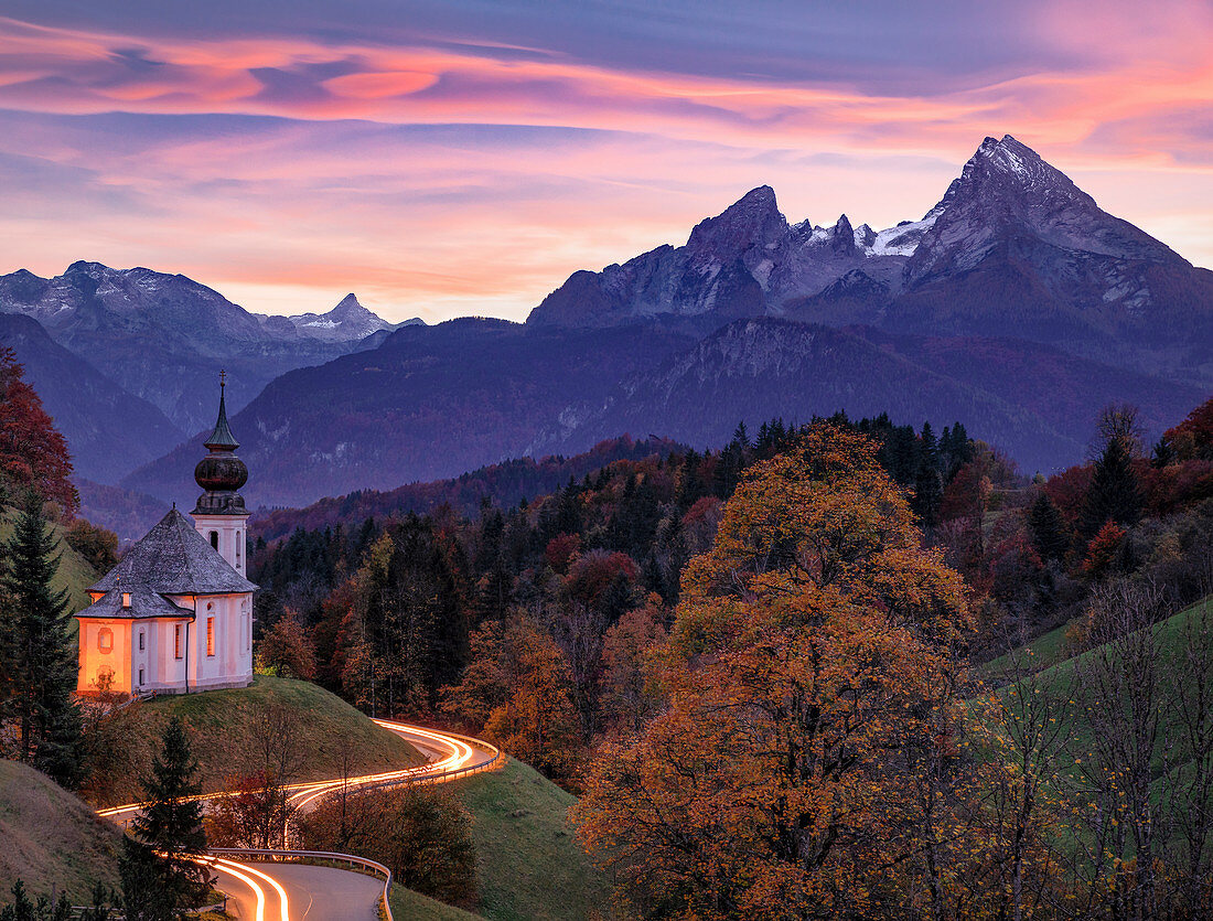 Pilgrimage church Maria Gern with a view of Watzmann in autumn, Berchtesgaden, Bavaria, Germany