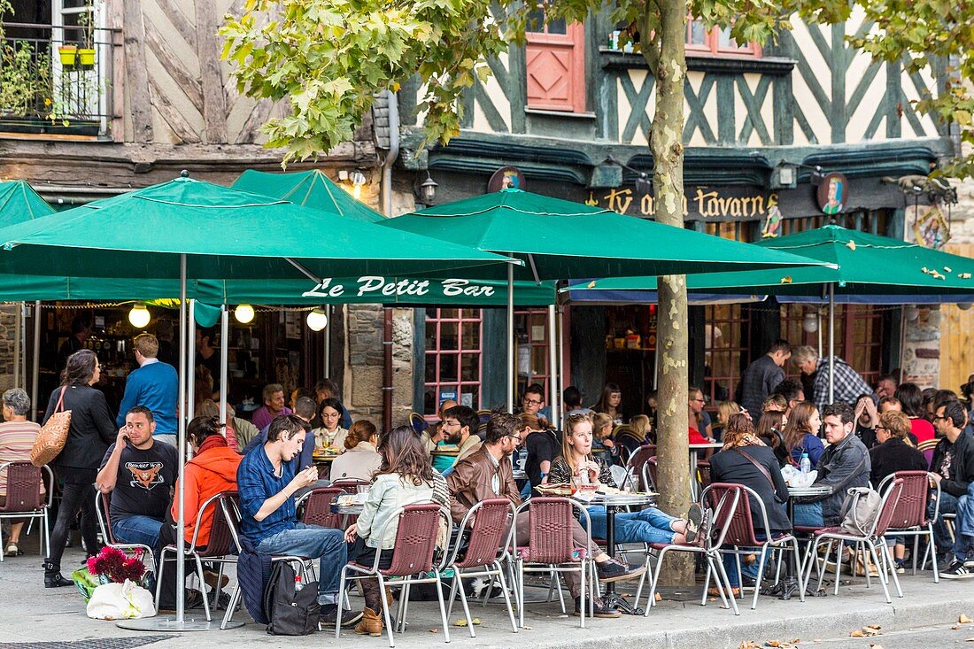 France, Ille et Vilaine, Rennes, historic district, place Saint Anne timbered house and a cafe terrace