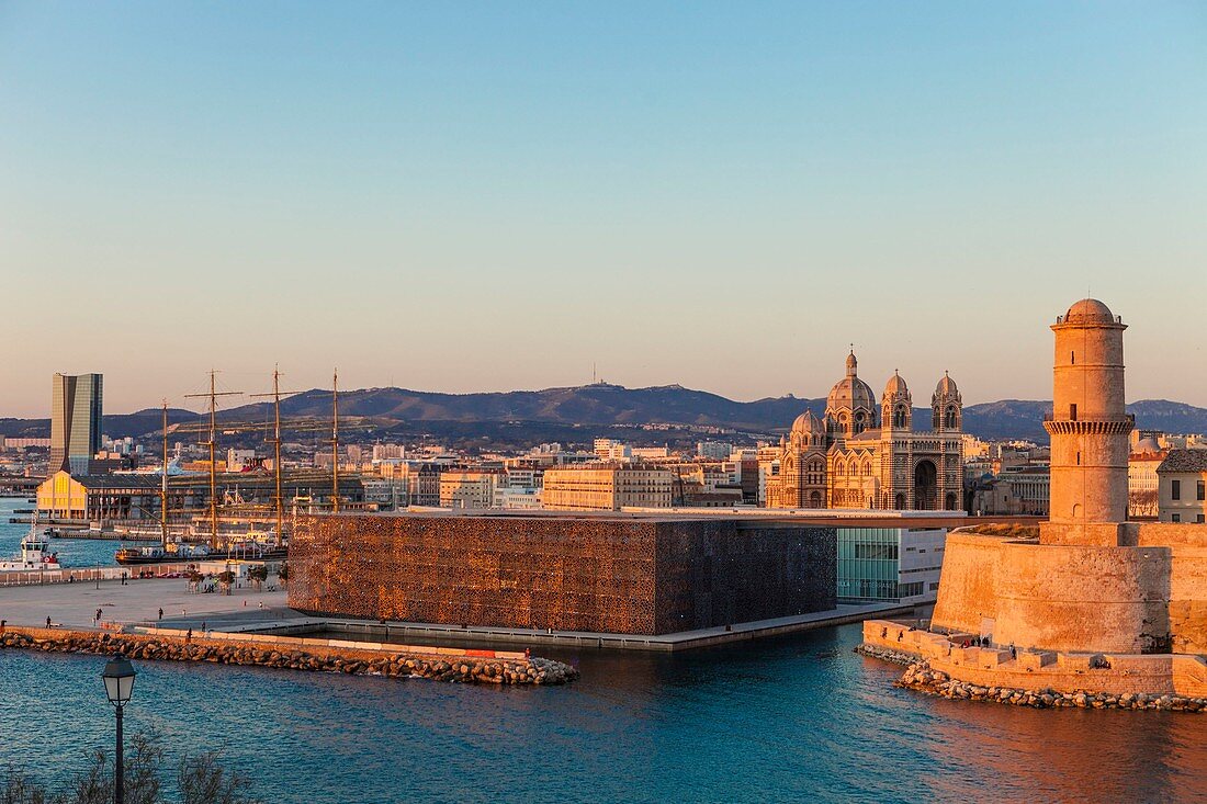 France, Bouches du Rhone, Marseille, the mole J4, MuCEM (Museum of European and Mediterranean Civilisations) by architect Rudy Ricciotti and the Fort Saint Jean, the basilica of the Major, CMA CGM tower by architect Zaha Hadid