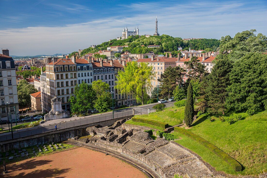 France, Rhone, Lyon, historical site listed as World Heritage by UNESCO, the district of Croix Rousse, the Amphitheater of the Trois Gaules, the Cathedral Saint Jean to the left and the basilica Notre-Dame of Fourviere on the hill of Fourviere