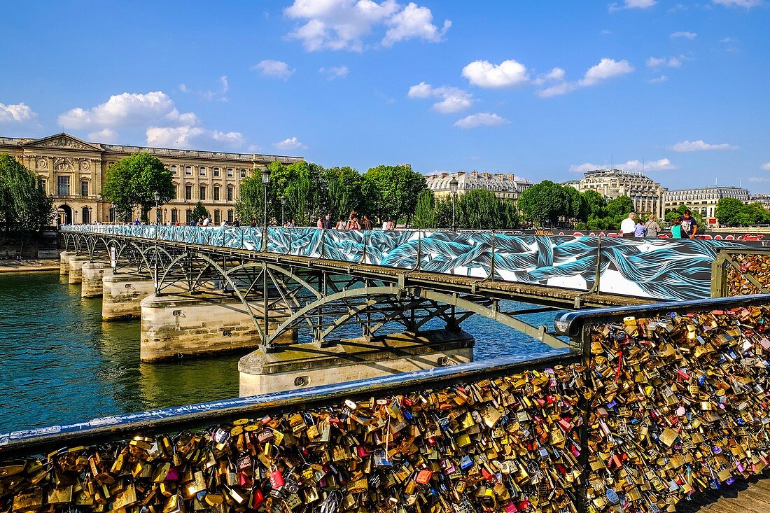 France, Paris, area listed as World Heritage by UNESCO, the Passerelle des Arts, tempory panels for railing decorated by street art