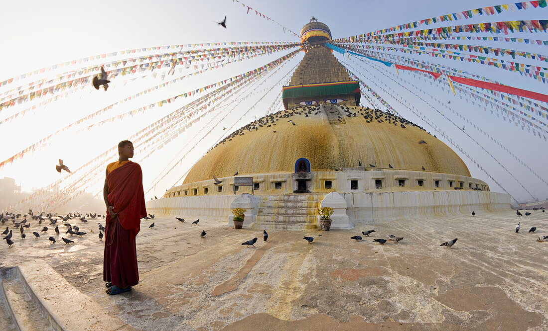 Junger buddhistischer Mönch betrachtet die Kuppel der tibetischen Stupa Boudha (Bodhnath) (Boudhanath) in Kathmandu, UNESCO-Weltkulturerbe, Nepal, Asien
