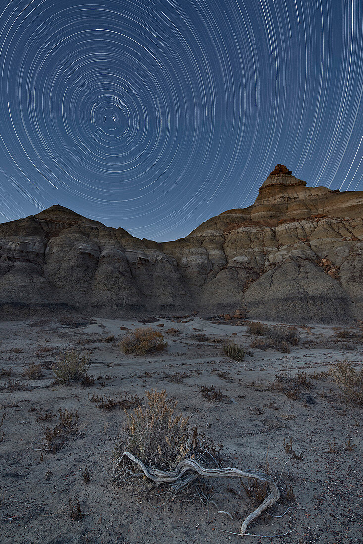 Star trails over the badlands, Bisti Wilderness, New Mexico, United States of America, North America