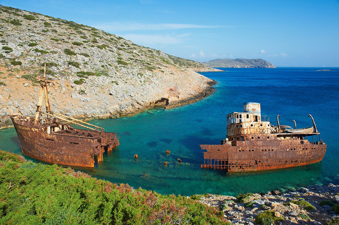 Wreck of the boat from The Big Blue movie, Amorgos, Cyclades, Aegean, Greek Islands, Greece, Europe