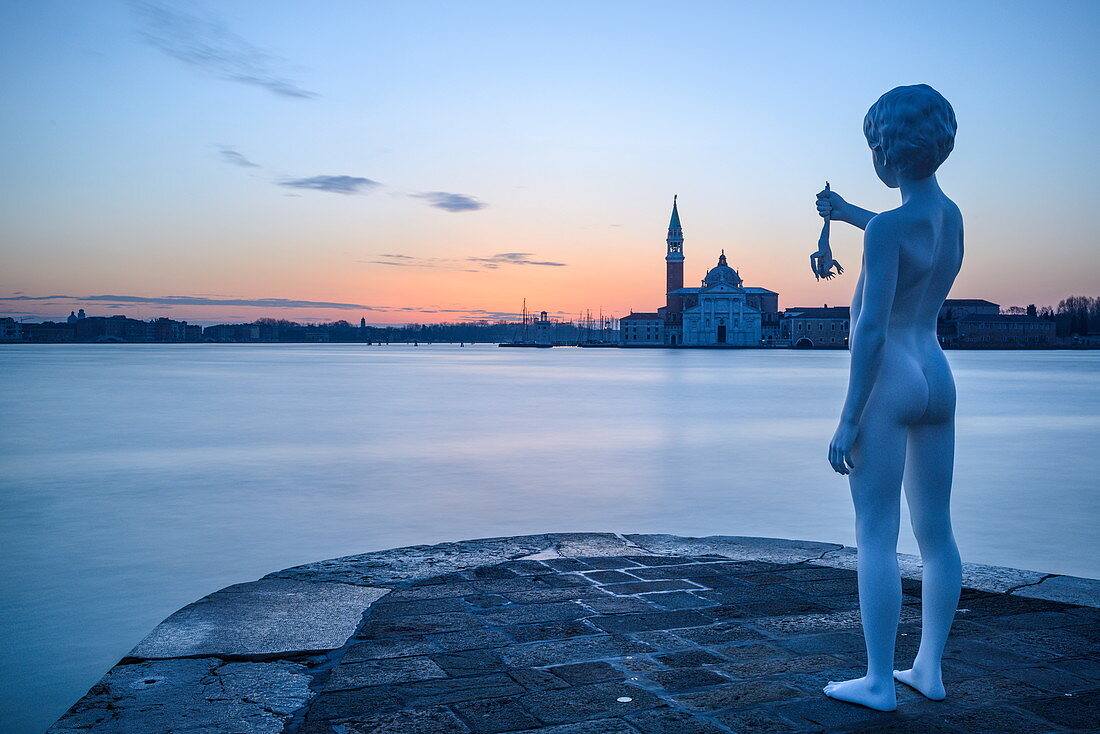 Charles Ray's Boy with Frog statue on the tip of Zattere at sunrise, Venice, UNESCO World Heritage Site, Veneto, Italy, Europe