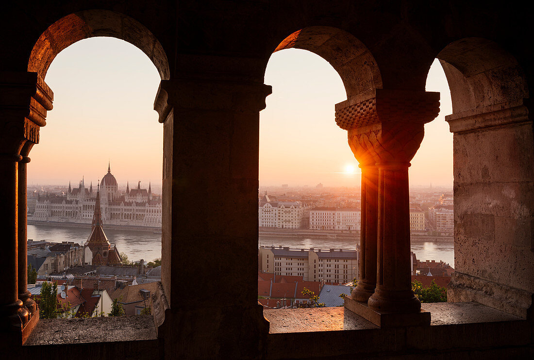 View from Fisherman's Bastion over Danube River and Hungarian Parliament Building at dawn, Budapest, Hungary, Europe