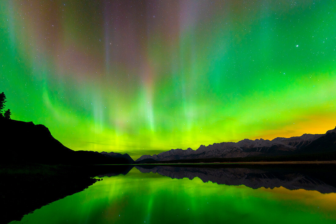 Aurora (Nordlichter) spiegelt sich im unteren Kananaskis-See, Peter Laugheed Provincial Park, Alberta, Kanada, Nordamerika