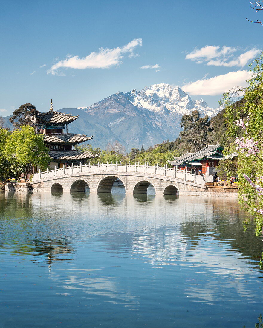 Moon Embracing Pavilion and Suocui Bridge at Black Dragon Pool in Jade Spring Park, Lijiang, Yunnan, China, Asia 