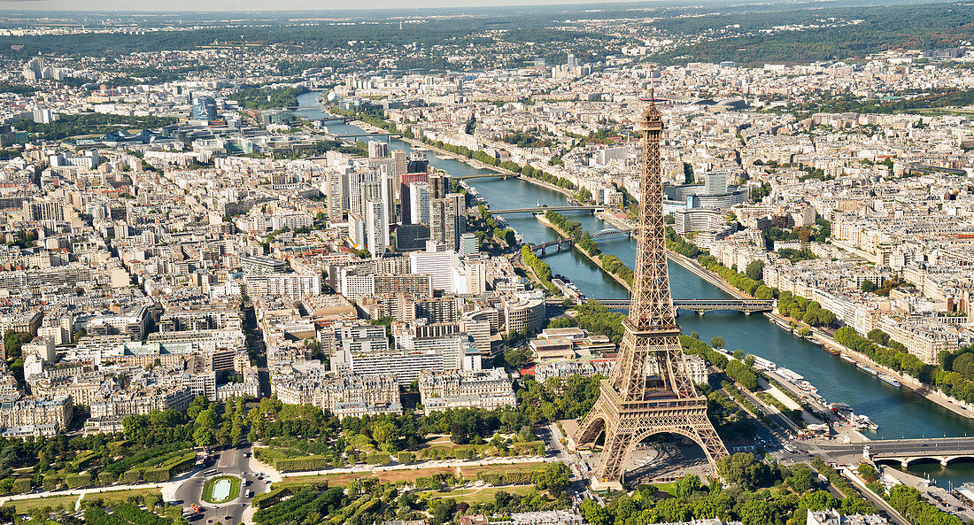 Aerial view of the Eiffel Tower with the river Seine, Paris, France, Europe