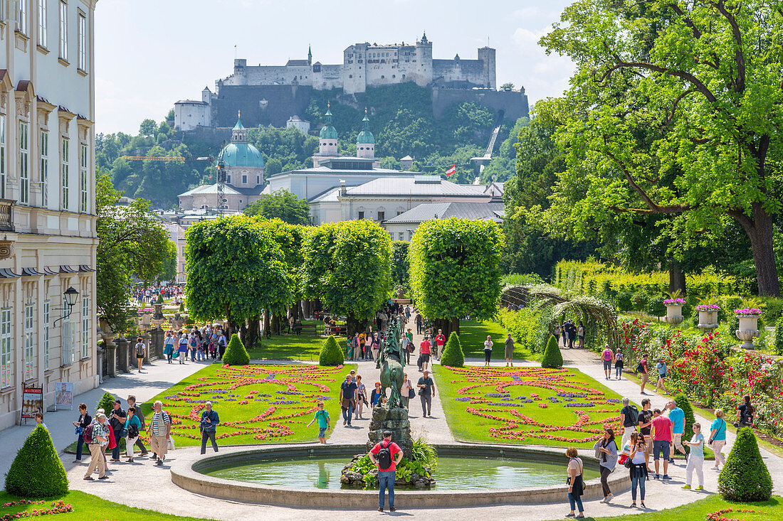 View of Hohensalzburg Castle from Mirabell Gardens, UNESCO World Heritage Site, Salzburg, Austria, Europe